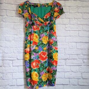 Vintage Emanuel Ungaro Floral Silk Dress S Green Yellow Tropical Wiggle 80s 90s